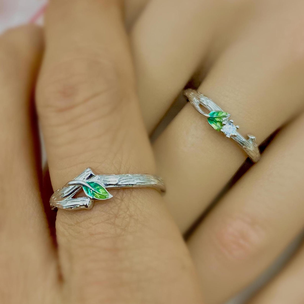 Sterling Silver Enamel Leaf Adjustable Couple Rings