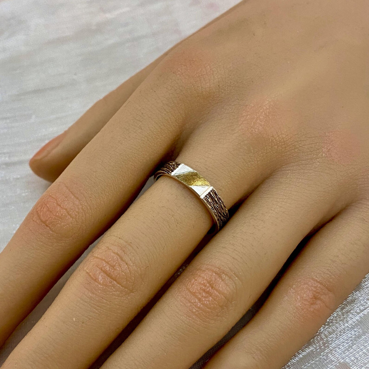 Fine Silver Geometric Bark Ring