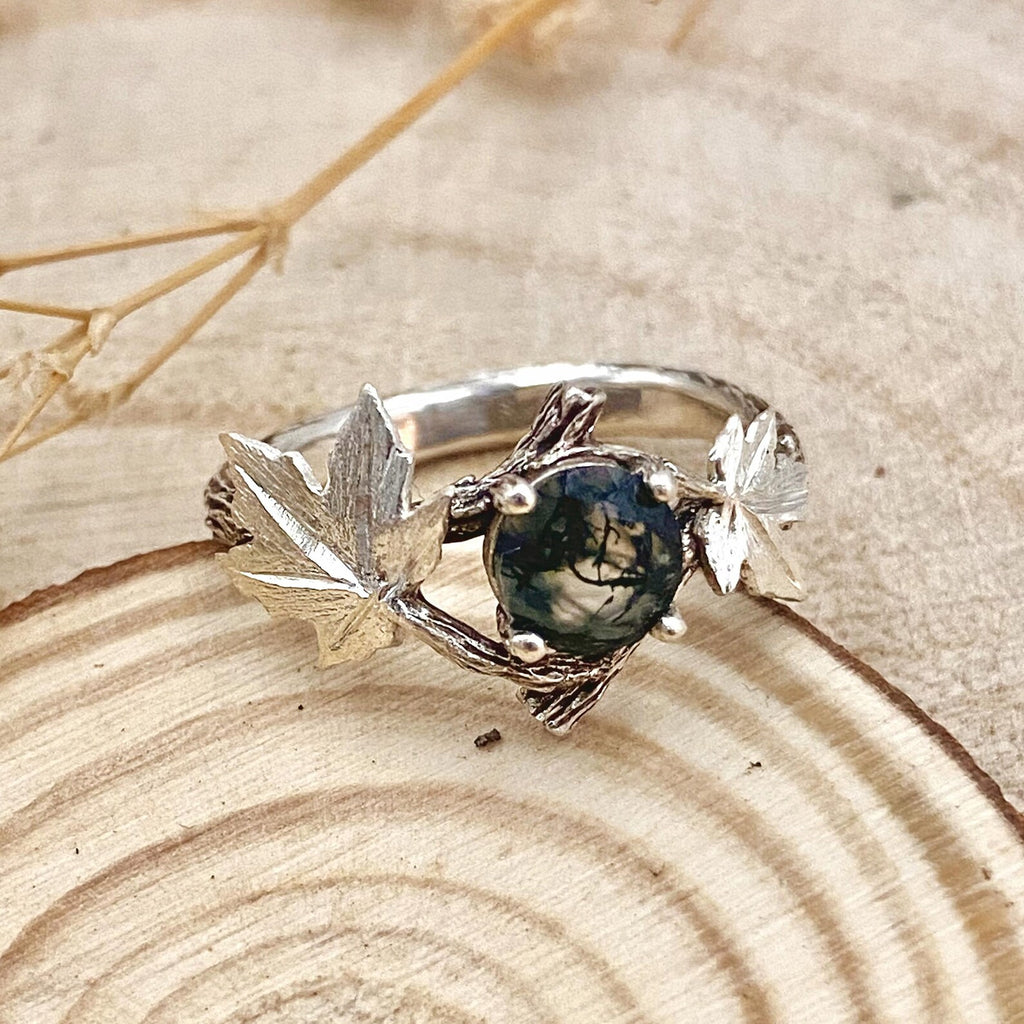 Moss Agate Sterling Silver Maple Leaf Ring
