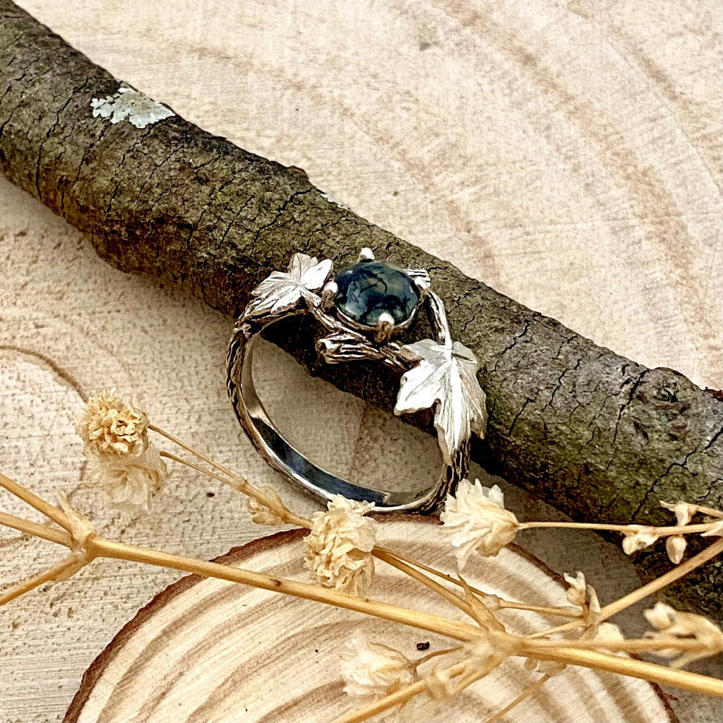 Moss Agate Sterling Silver Maple Leaf Ring