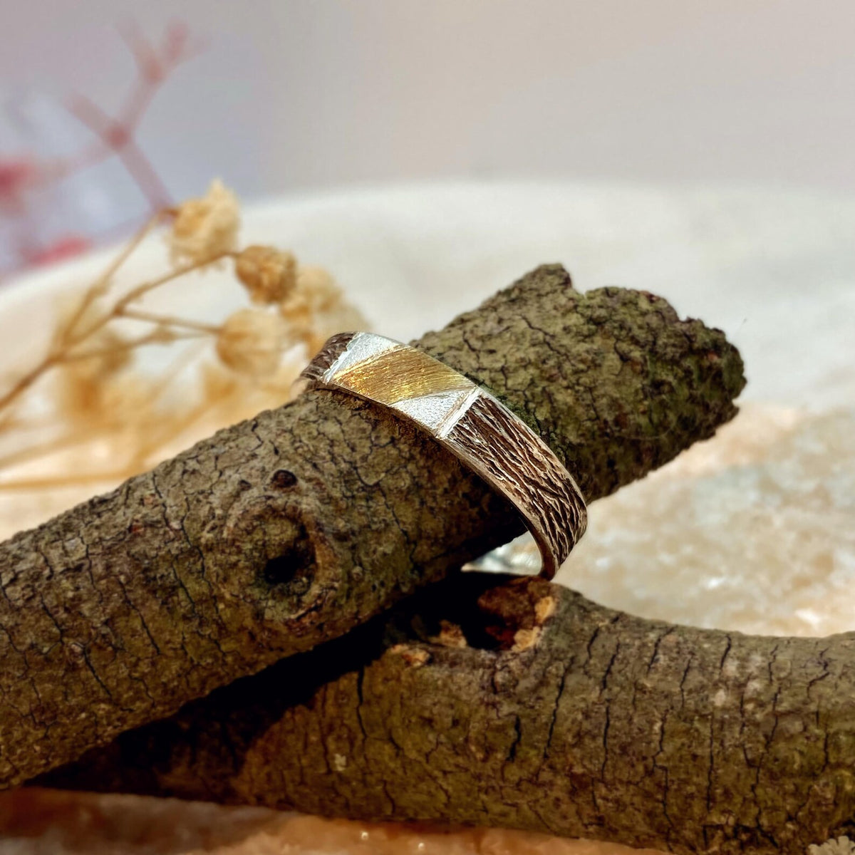 Fine Silver Geometric Bark Ring