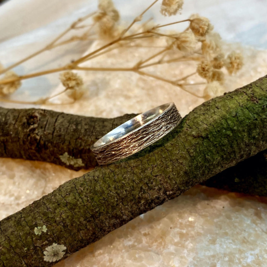 Fine Silver Geometric Bark Ring