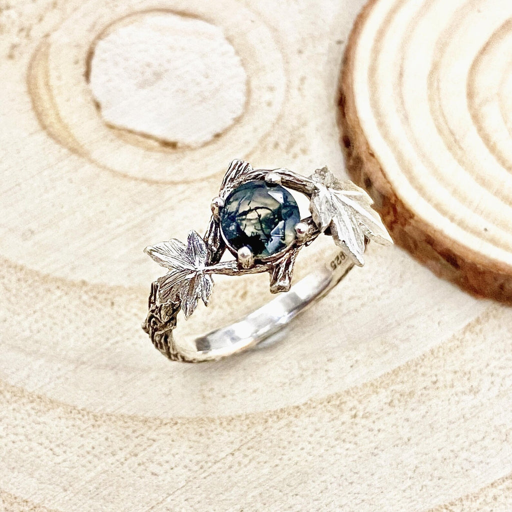 Moss Agate Sterling Silver Maple Leaf Ring