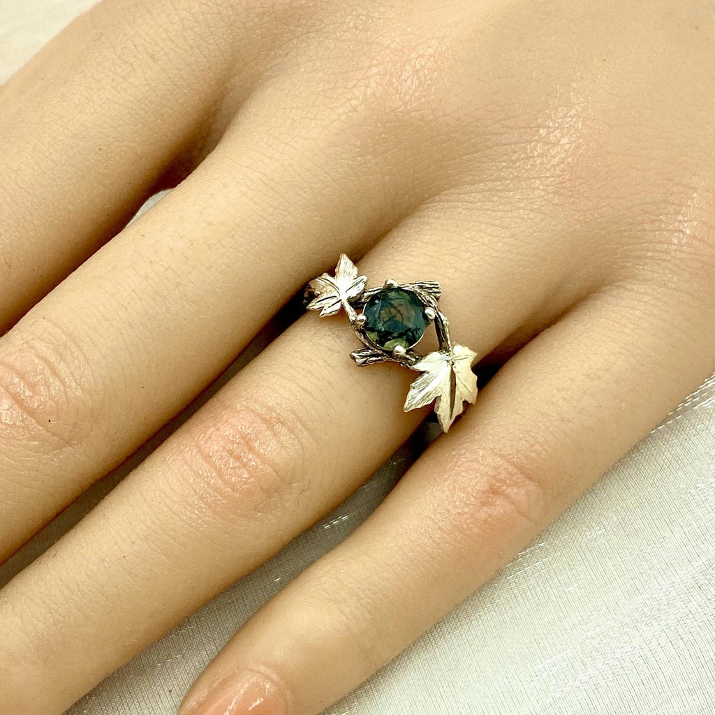 Moss Agate Sterling Silver Maple Leaf Ring
