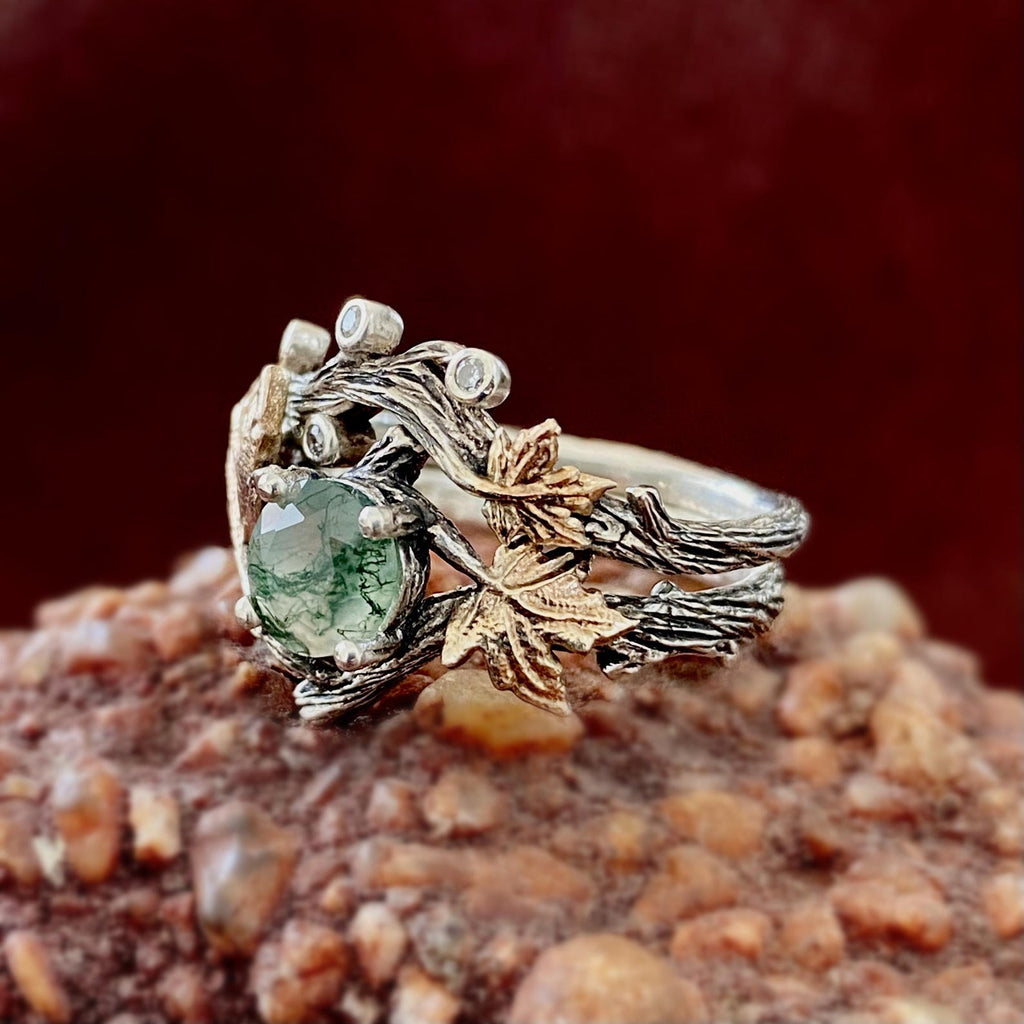 Moss Agate Sterling Silver Twig Ring Set