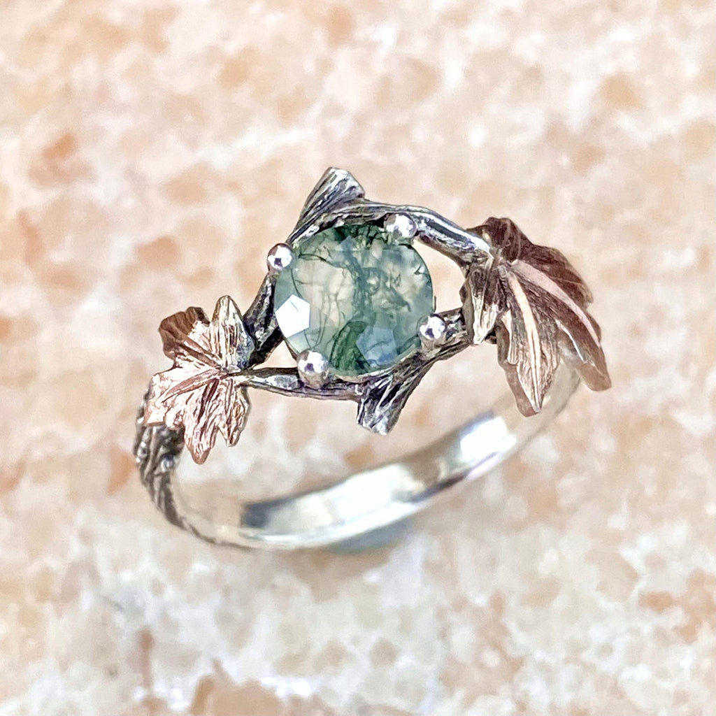 Moss Agate Sterling Silver Maple Leaf Ring