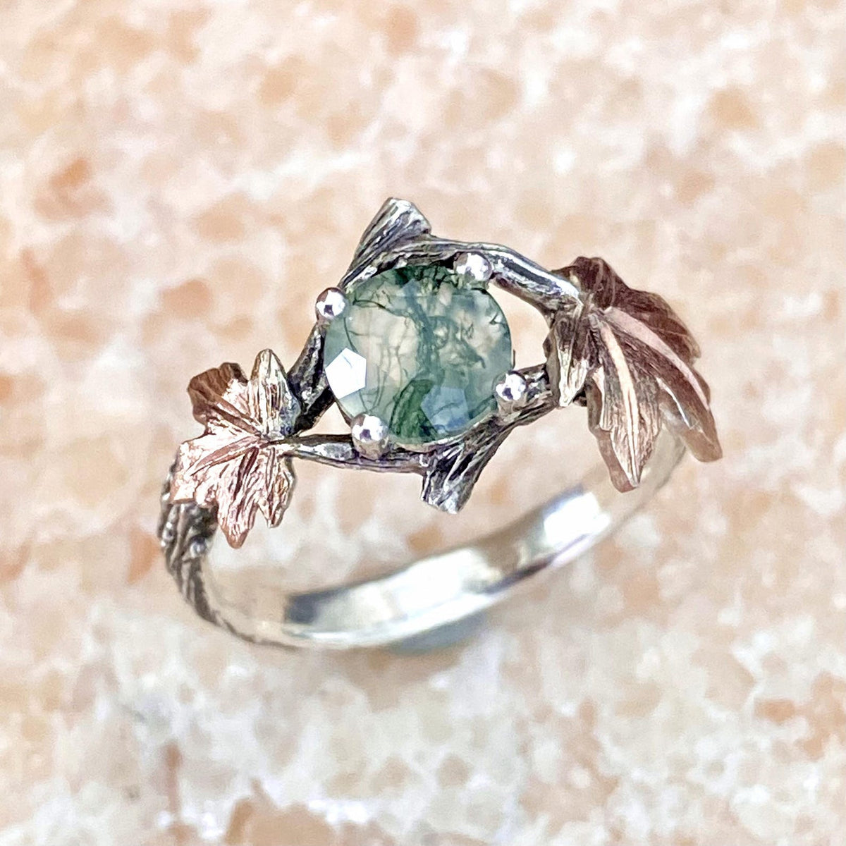 Moss Agate Sterling Silver Maple Leaf Ring
