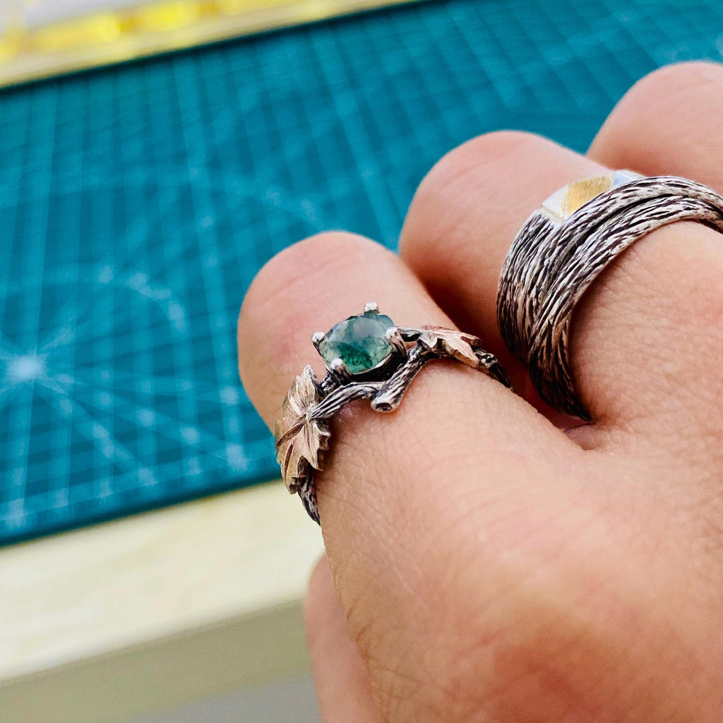 Moss Agate Sterling Silver Maple Leaf Ring