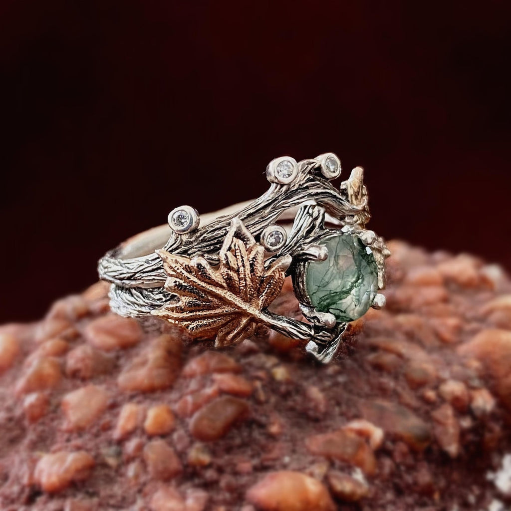 Moss Agate Sterling Silver Twig Ring Set