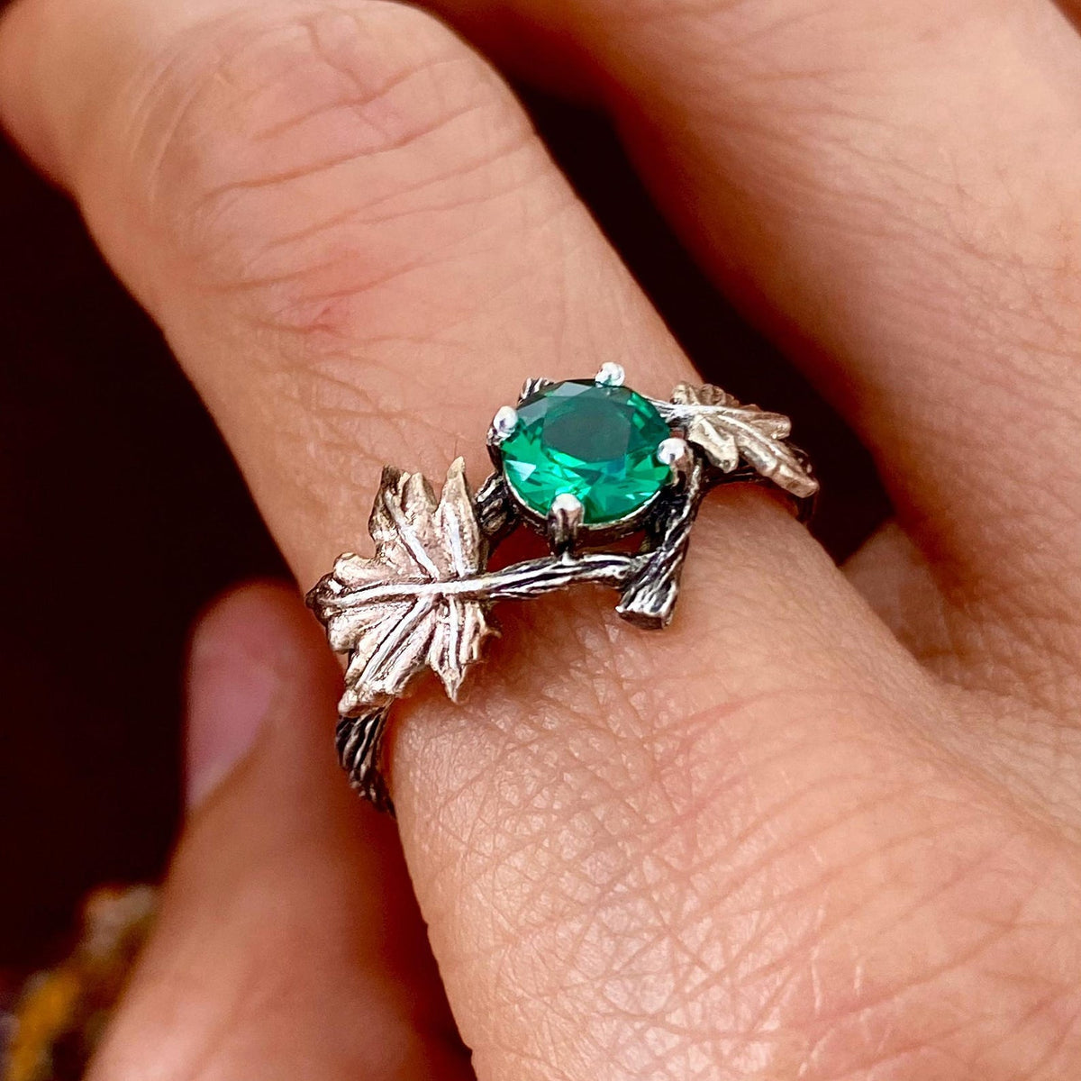 Emerald Sterling Silver Twig Ring