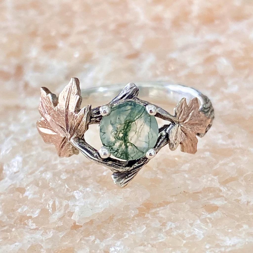 Moss Agate Sterling Silver Maple Leaf Ring