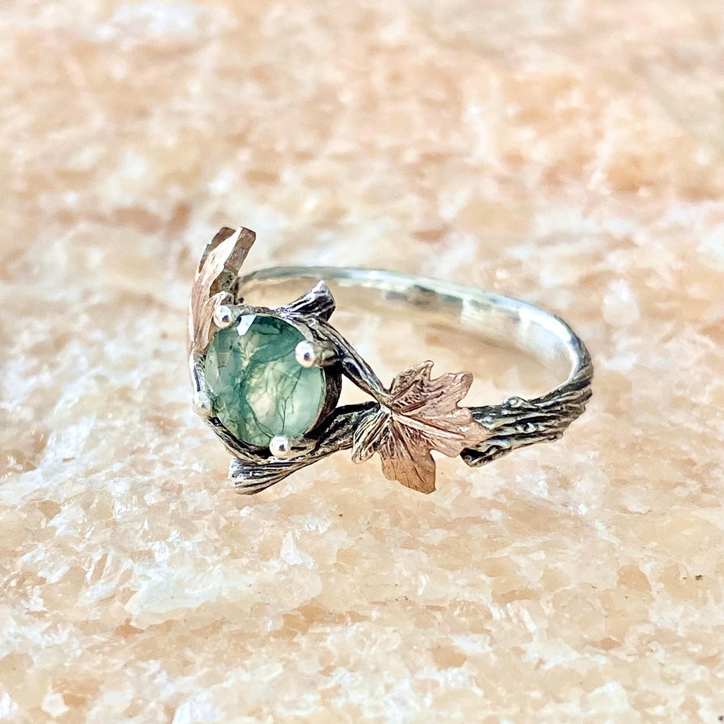 Moss Agate Sterling Silver Maple Leaf Ring