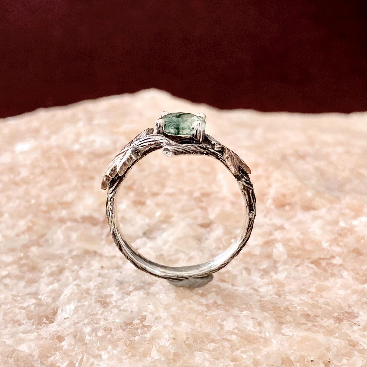 Moss Agate Sterling Silver Maple Leaf Ring