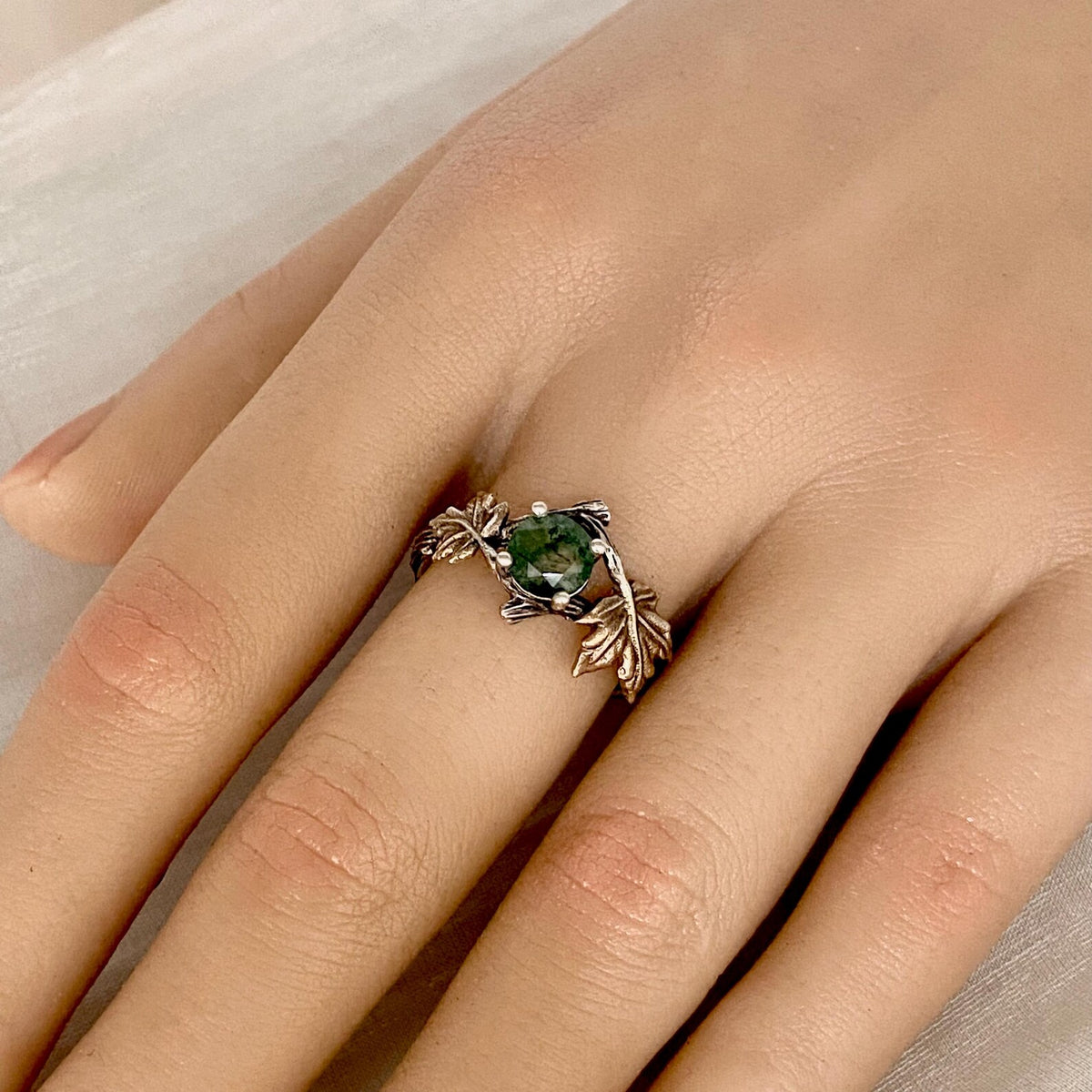 Moss Agate Sterling Silver Maple Leaf Ring