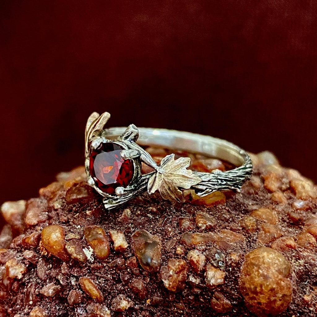 Garnet Sterling Silver Maple Leaf Ring