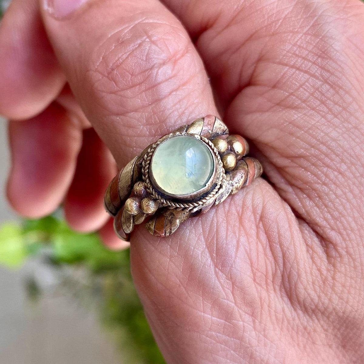Prehnite Braided Bronze Ring