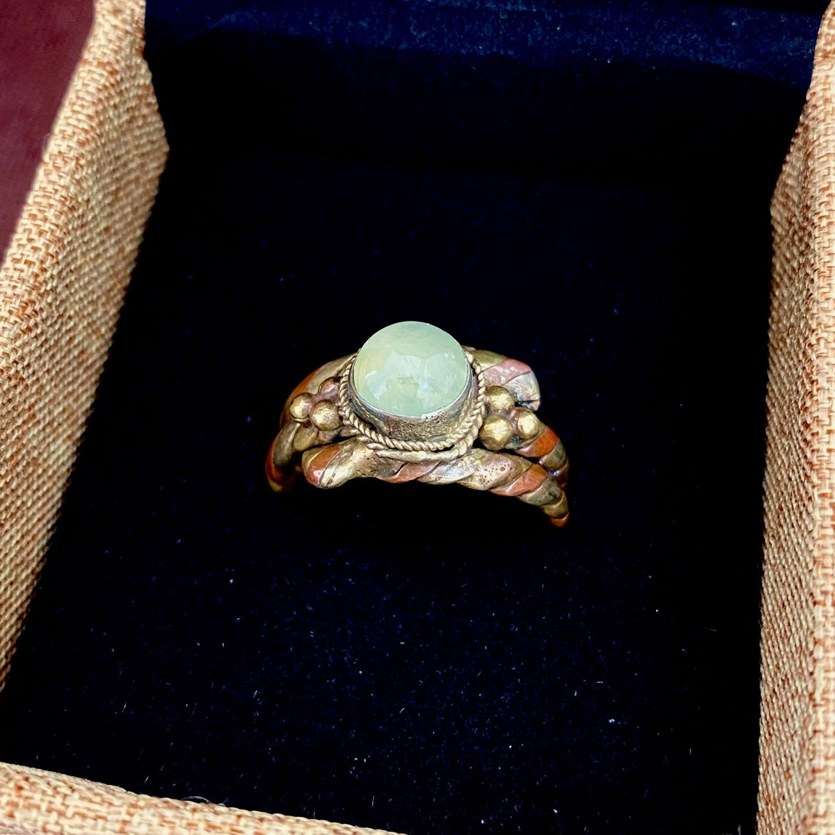 Prehnite Braided Bronze Ring