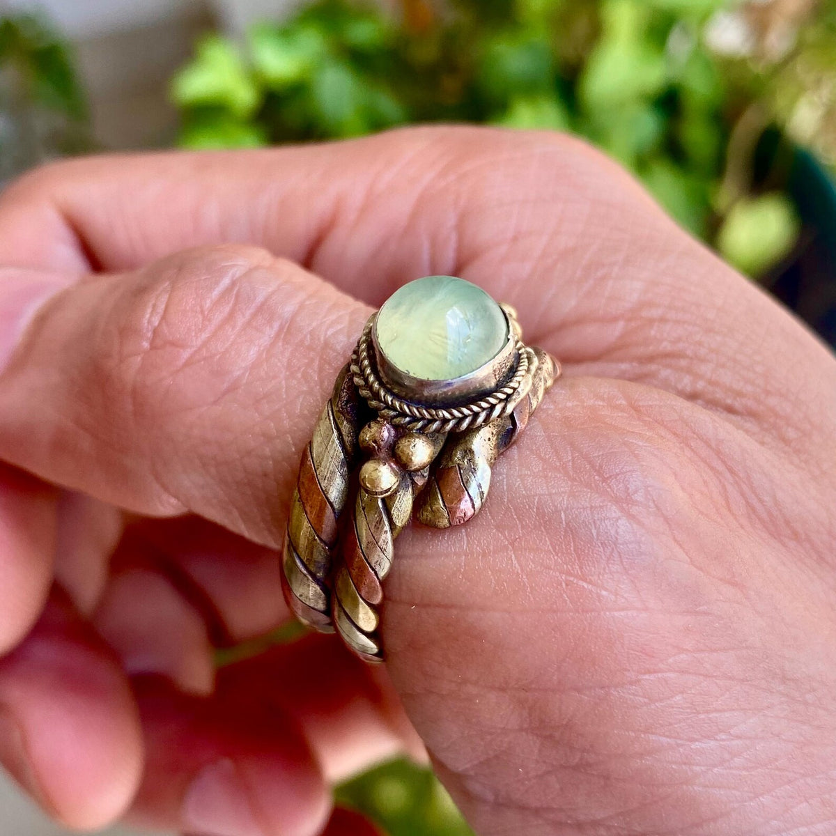 Prehnite Braided Bronze Ring