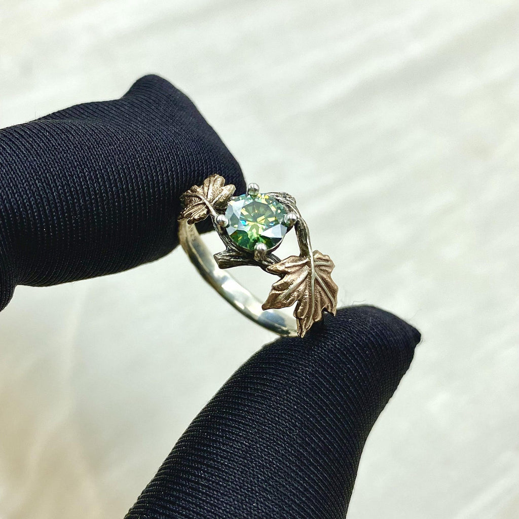 Green Moissanite Sterling Silver Maple Leaf Ring