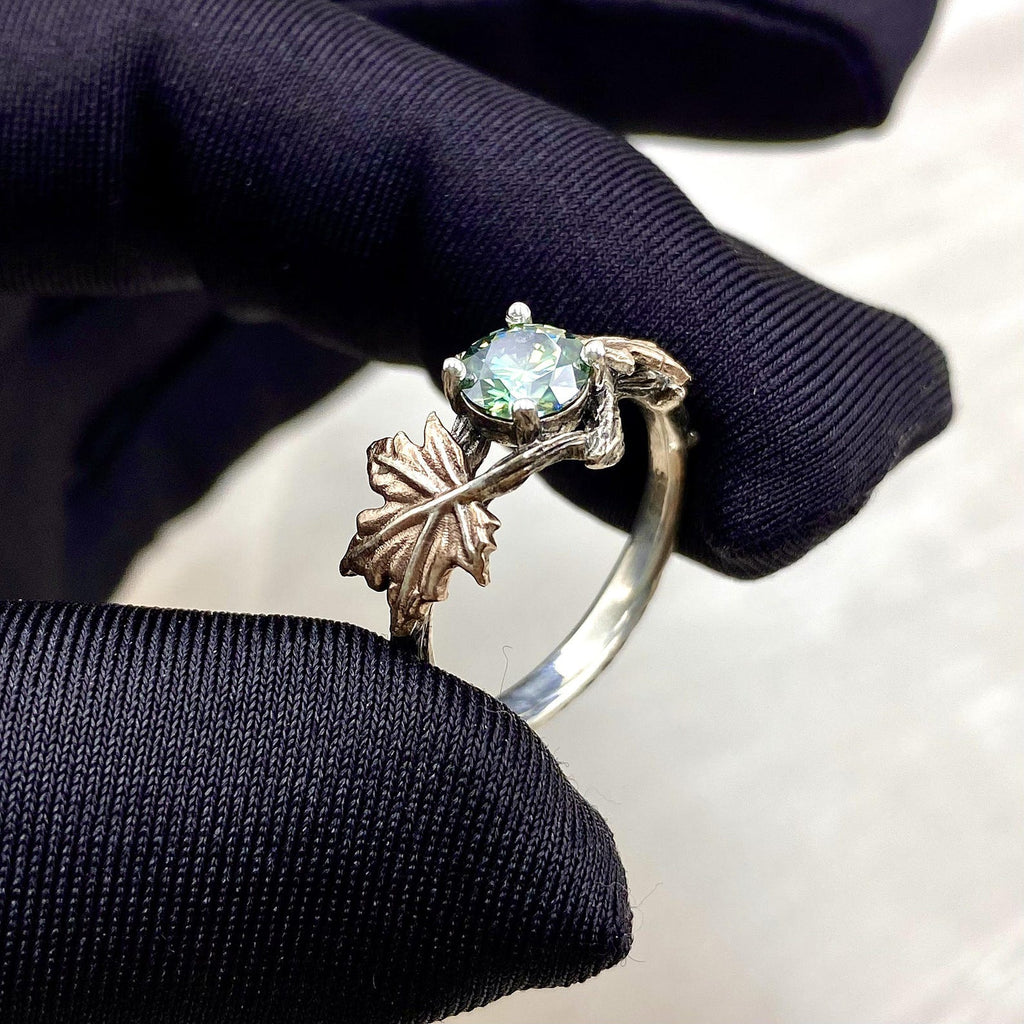 Green Moissanite Sterling Silver Maple Leaf Ring