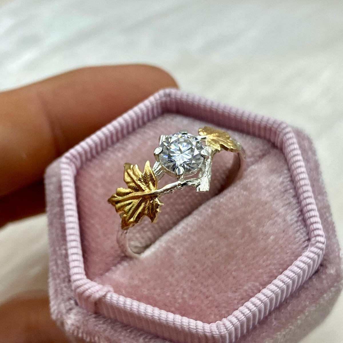 Moissanite Sterling Silver Maple Leaf Band