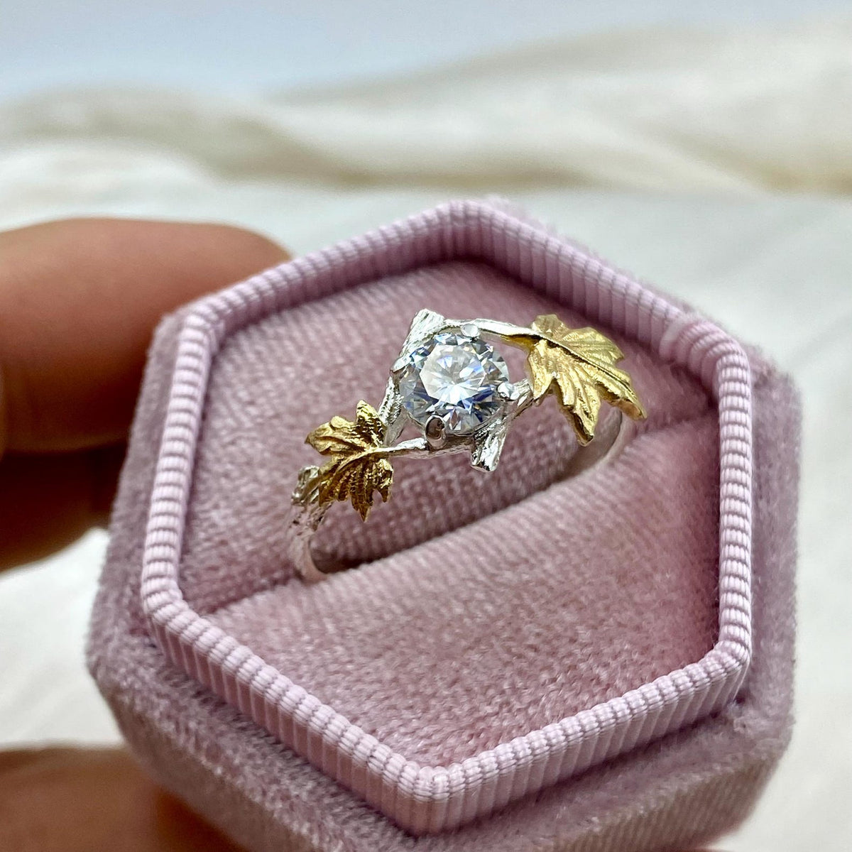 Moissanite Sterling Silver Maple Leaf Band