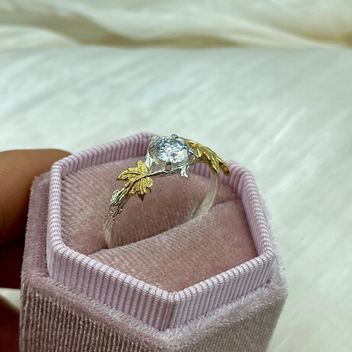 Moissanite Sterling Silver Maple Leaf Band