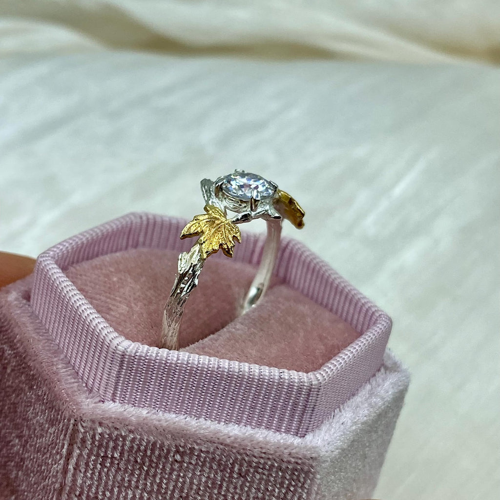 Moissanite Sterling Silver Maple Leaf Band