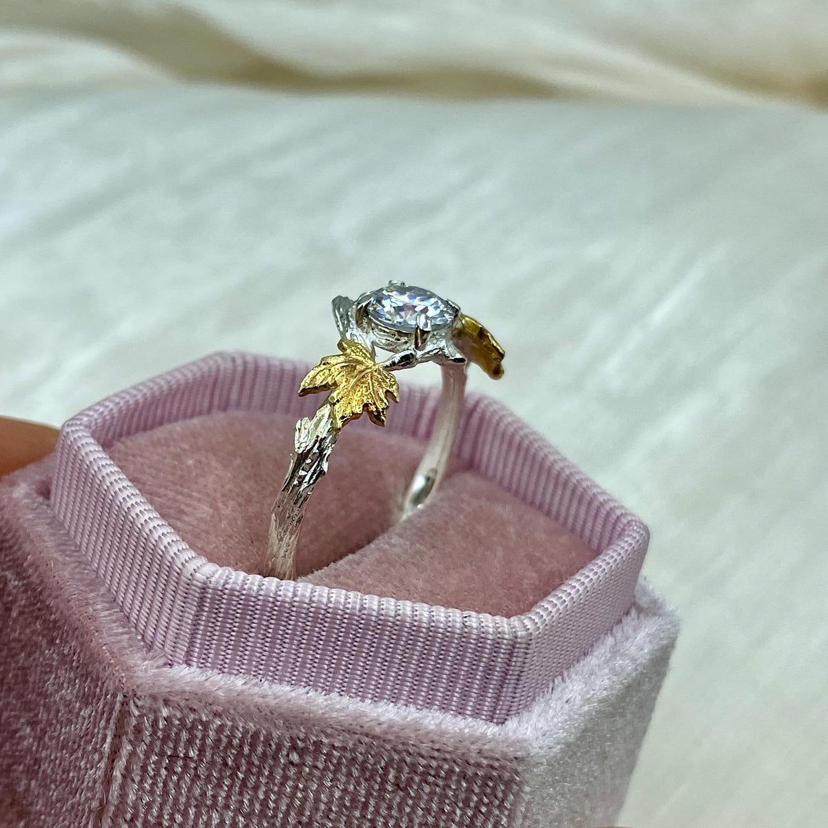 Moissanite Sterling Silver Maple Leaf Band