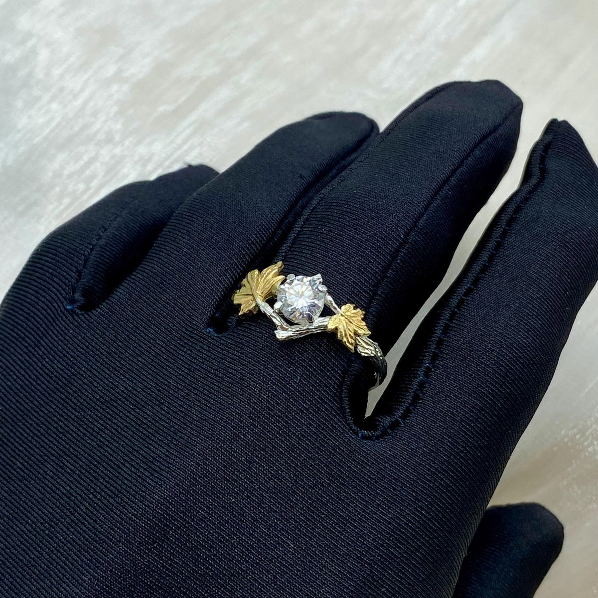 Moissanite Sterling Silver Maple Leaf Band