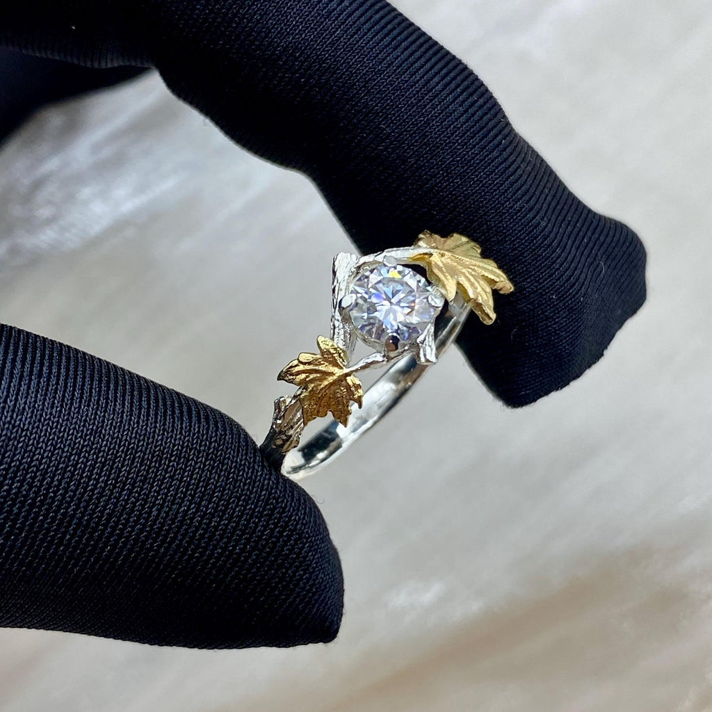 Moissanite Sterling Silver Maple Leaf Band