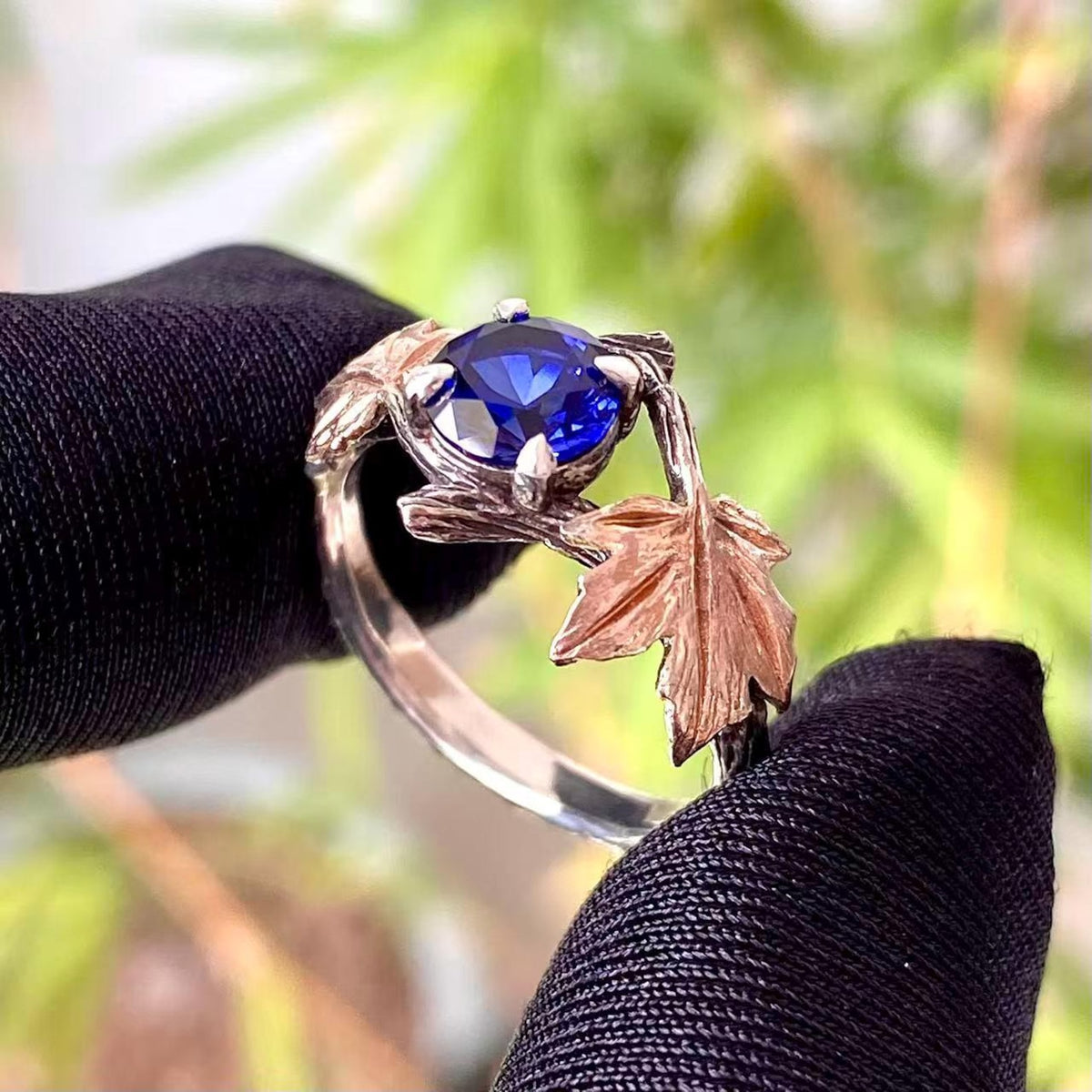Sapphire Sterling Silver Maple Leaf Ring