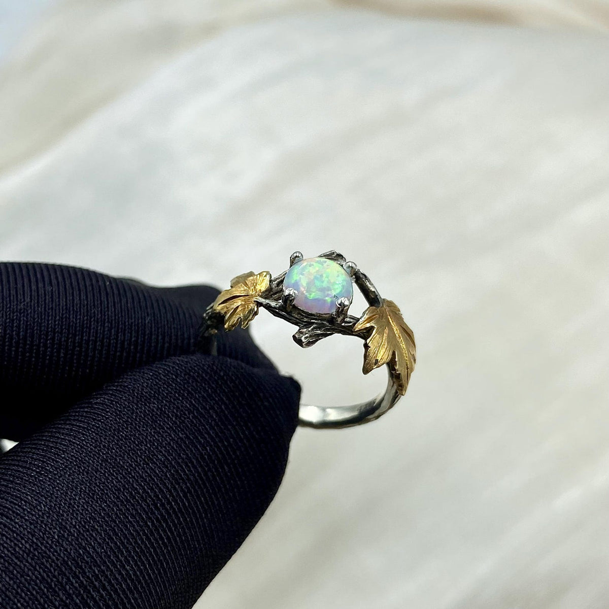 Opal Sterling Silver Maple Leaf Ring