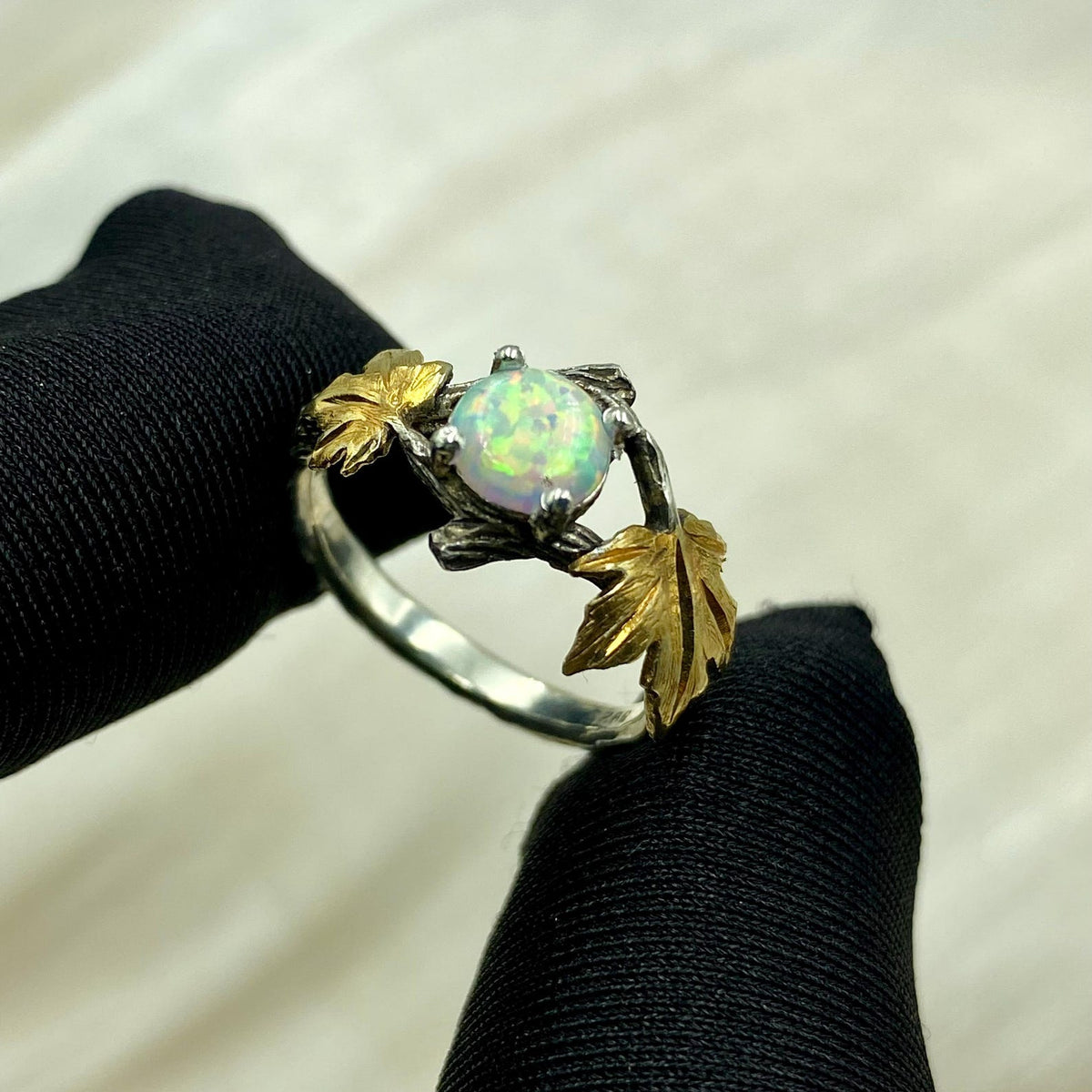 Opal Sterling Silver Maple Leaf Ring