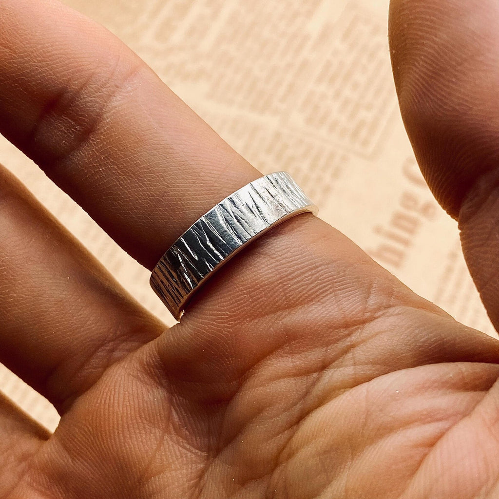Fine Silver Tree Bark Ring Set