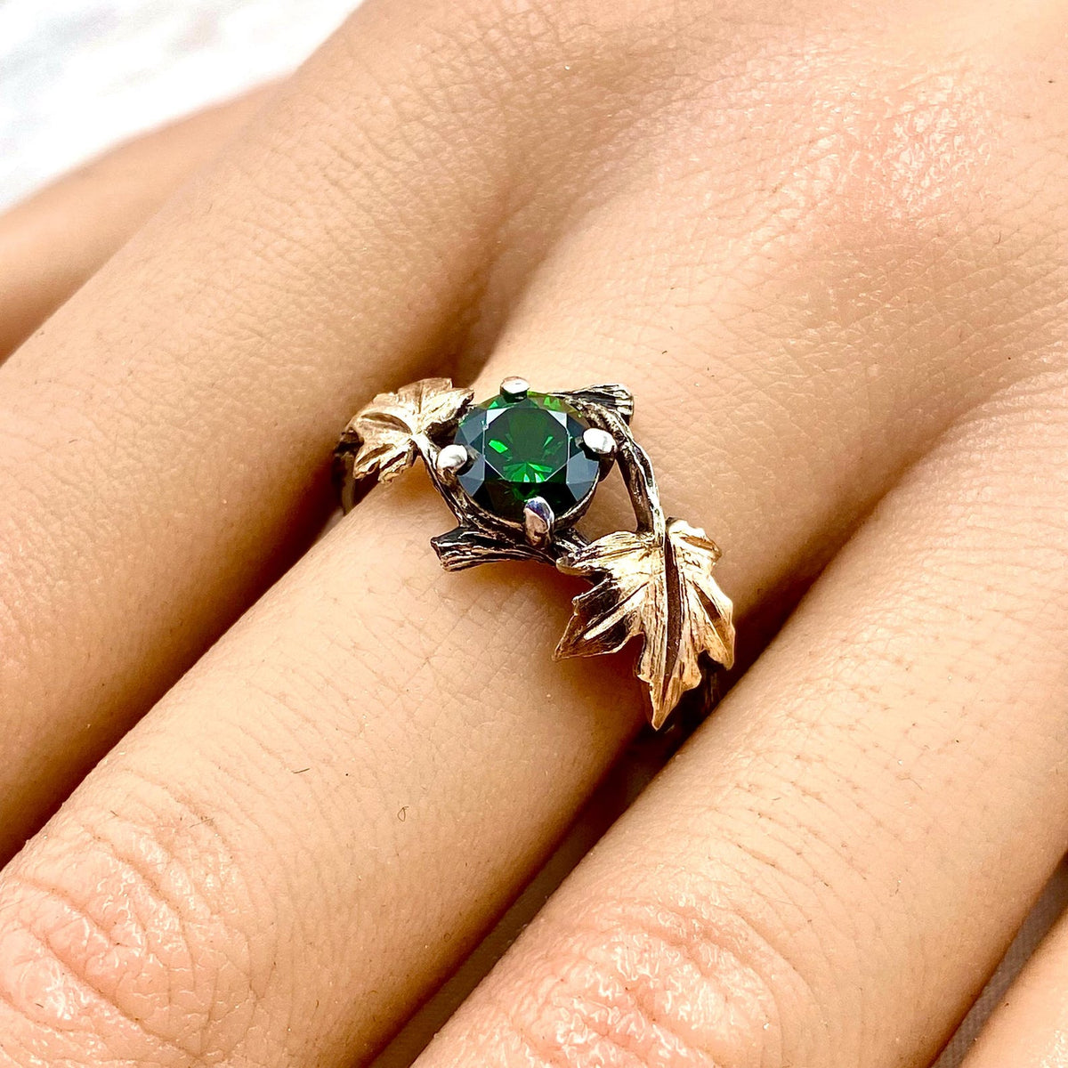 Emerald Sterling Silver Maple Leaf Ring