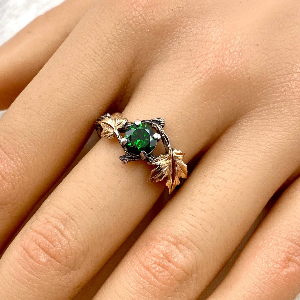 Emerald Sterling Silver Maple Leaf Ring