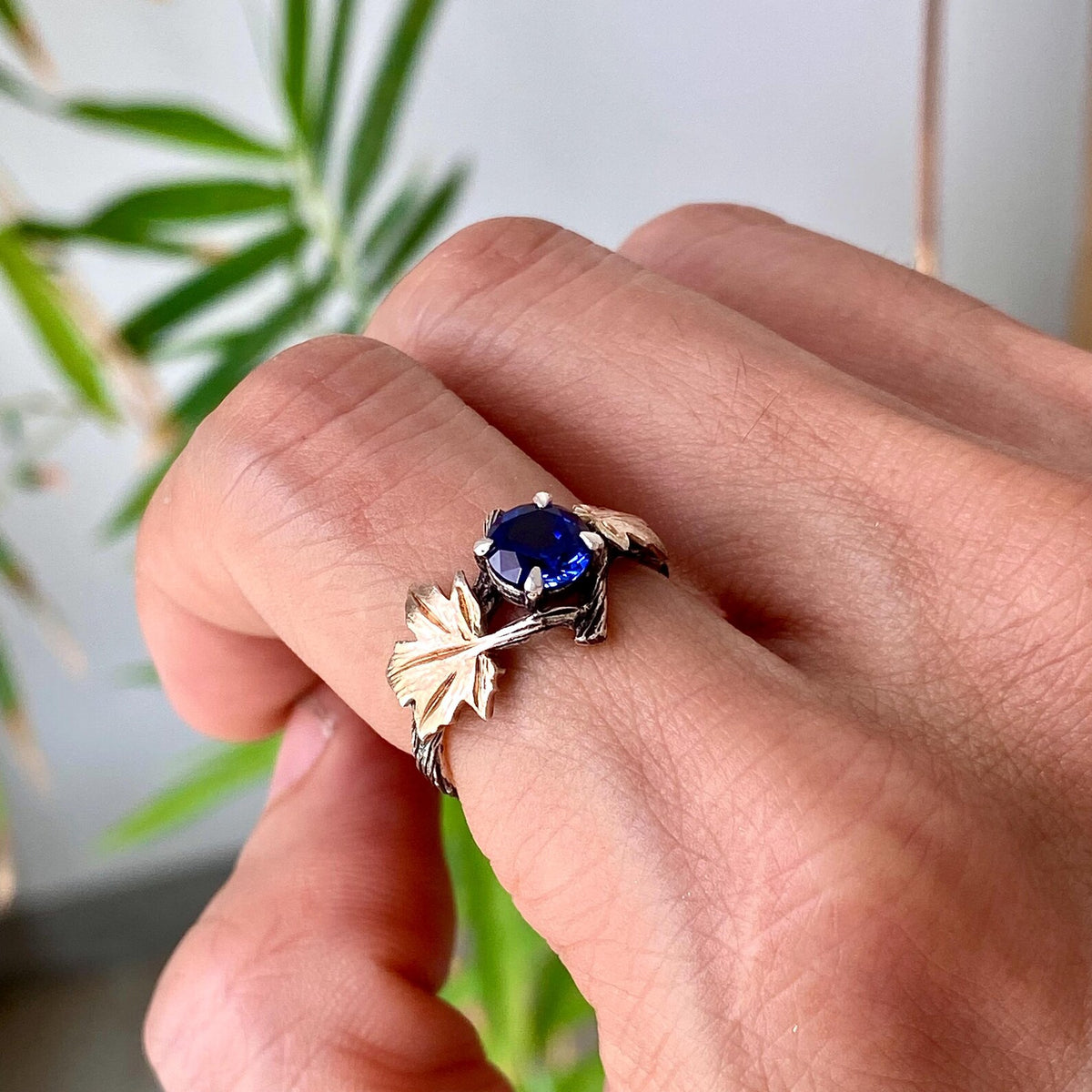 Sapphire Sterling Silver Maple Leaf Ring