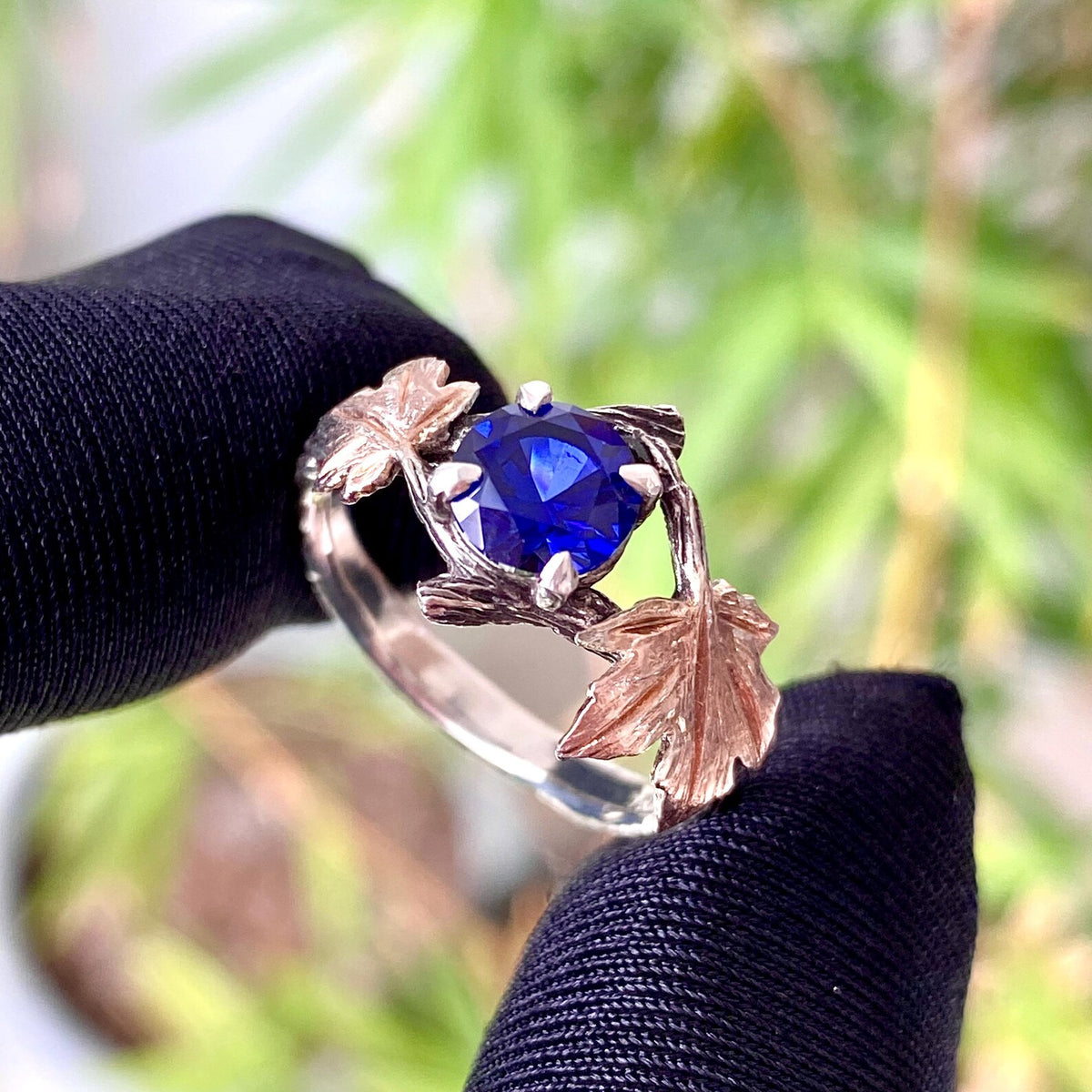 Sapphire Sterling Silver Maple Leaf Ring