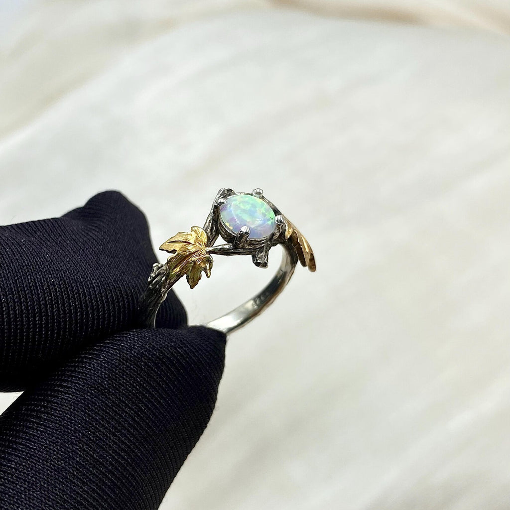 Opal Sterling Silver Maple Leaf Ring