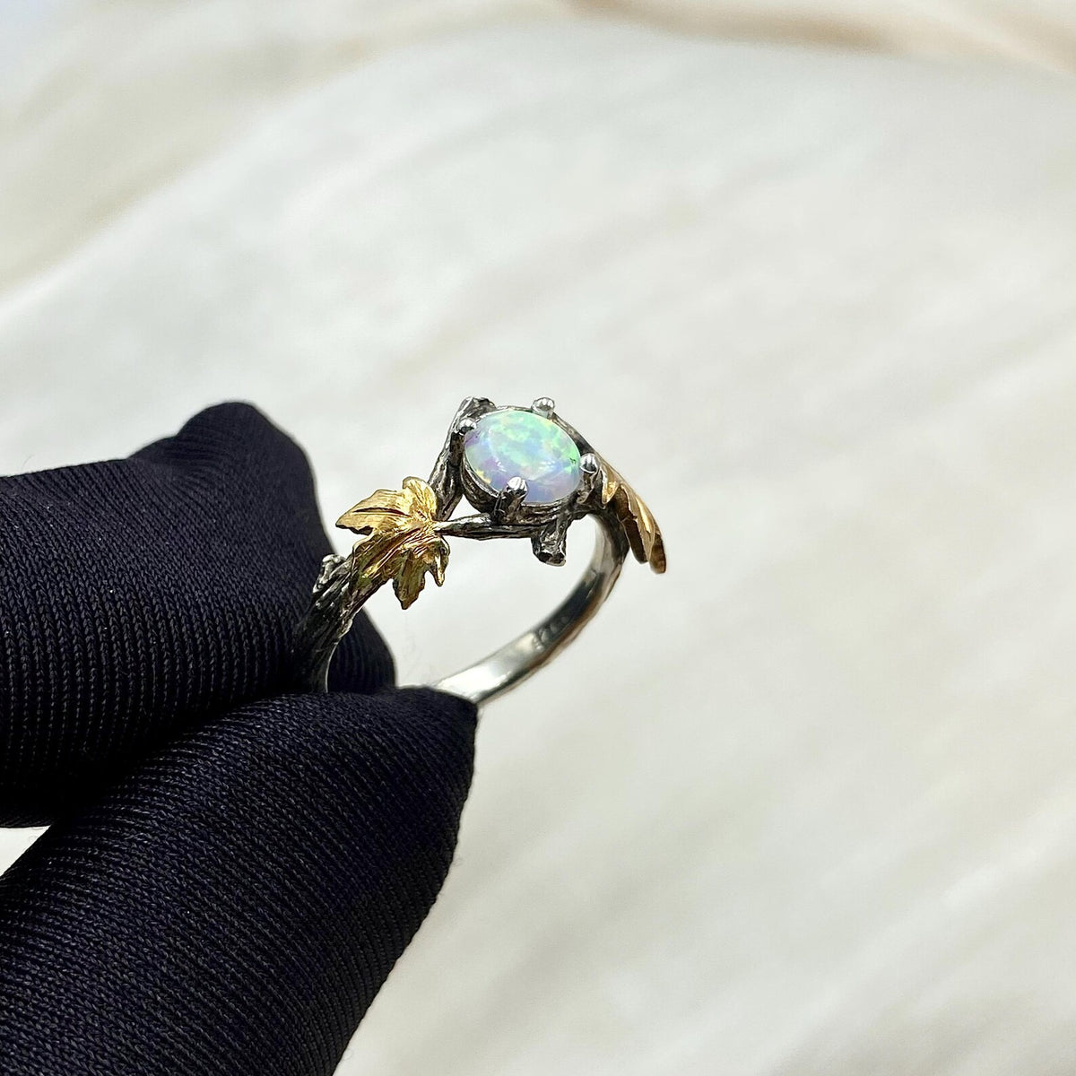 Opal Sterling Silver Maple Leaf Ring