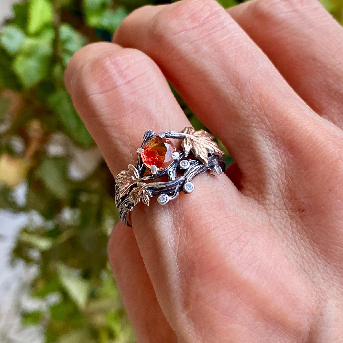 Watermelon Tourmaline Sterling Silver Maple Leaf Ring