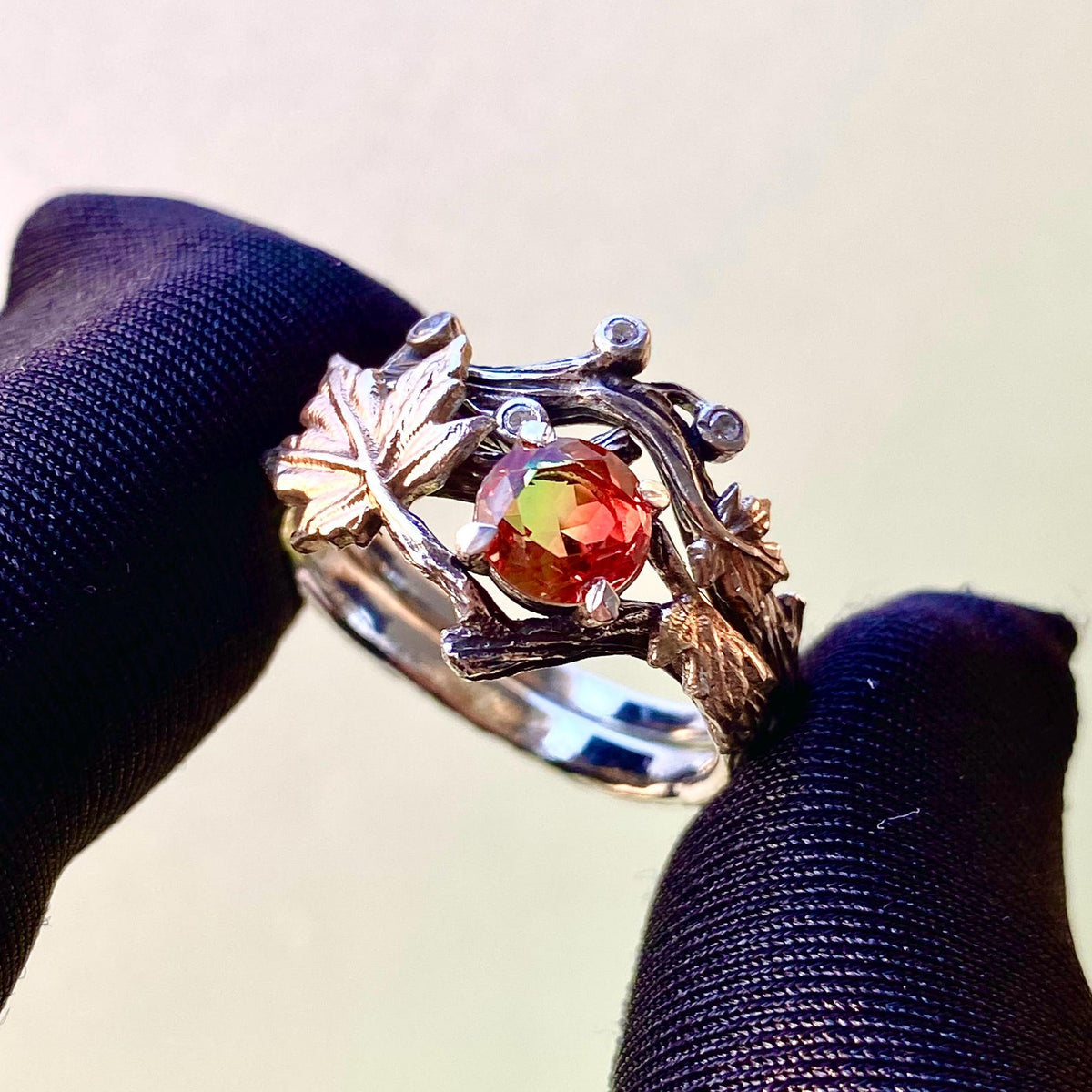 Watermelon Tourmaline Sterling Silver Maple Leaf Ring