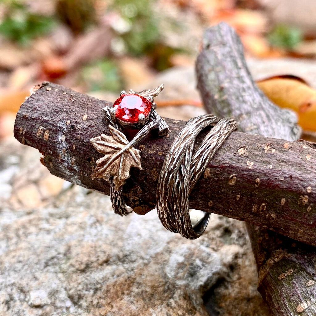 Padparadscha Sterling Silver Maple Leaf Ring Set