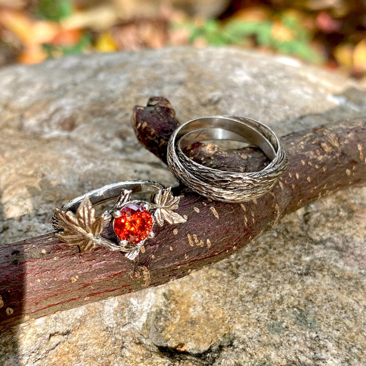 Padparadscha Sterling Silver Maple Leaf Ring Set