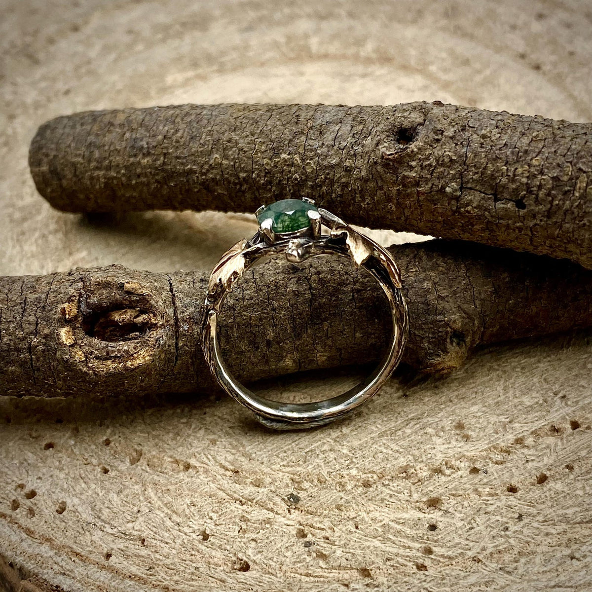 Moss Agate Sterling Silver Maple Leaf Ring