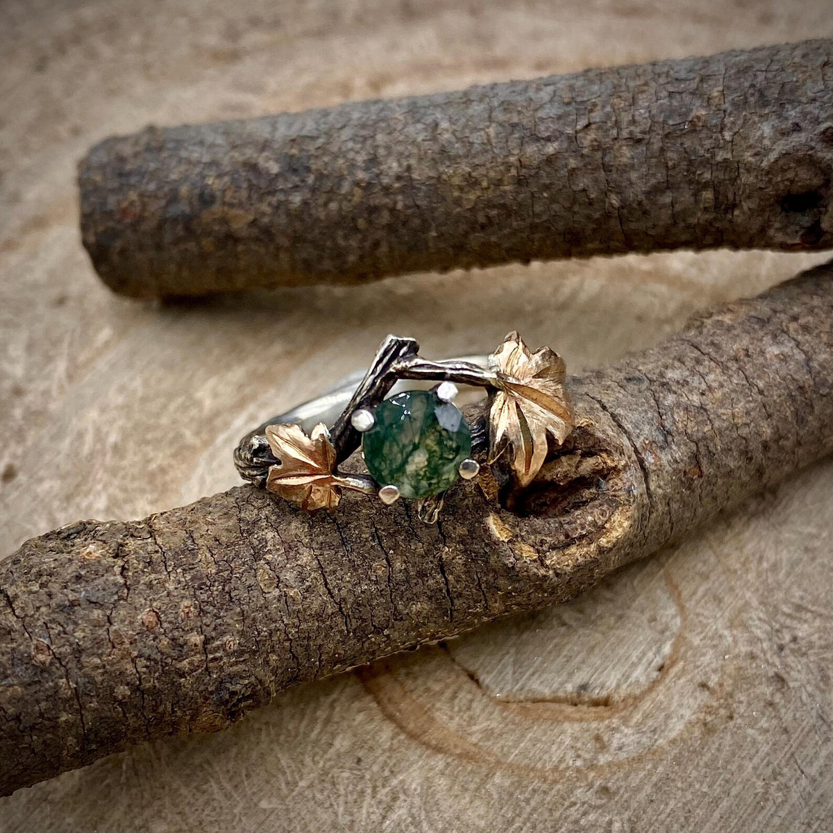 Moss Agate Sterling Silver Maple Leaf Ring