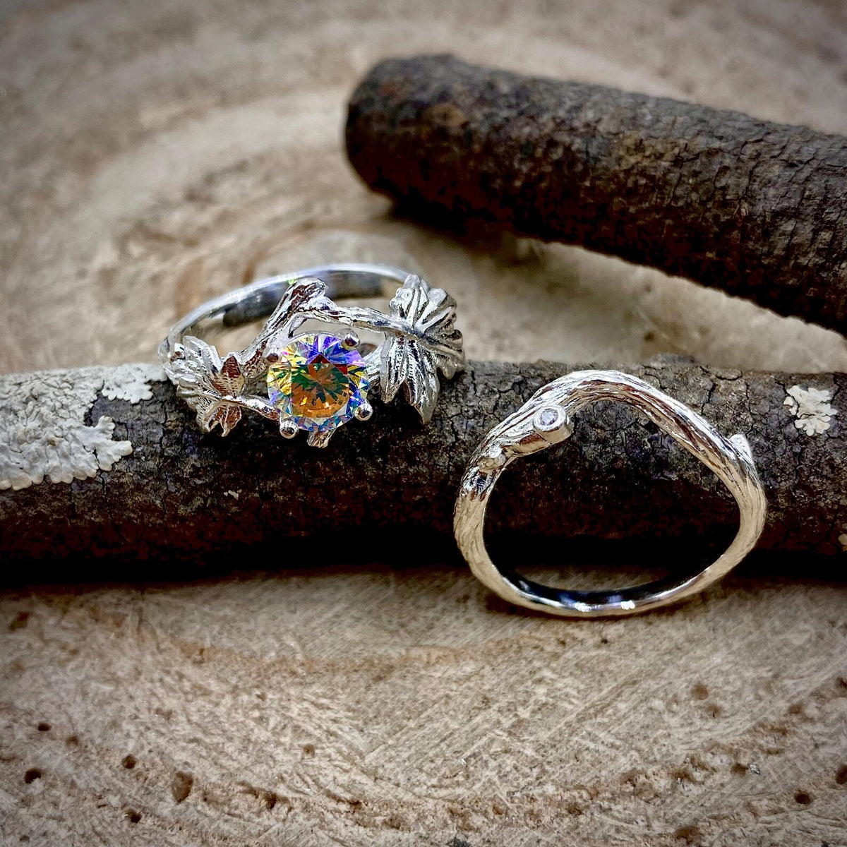 Zircon Sterling Silver Maple Leaf Ring Set