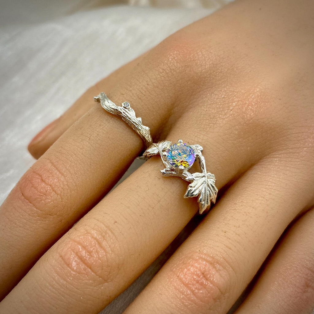 Zircon Sterling Silver Maple Leaf Ring Set