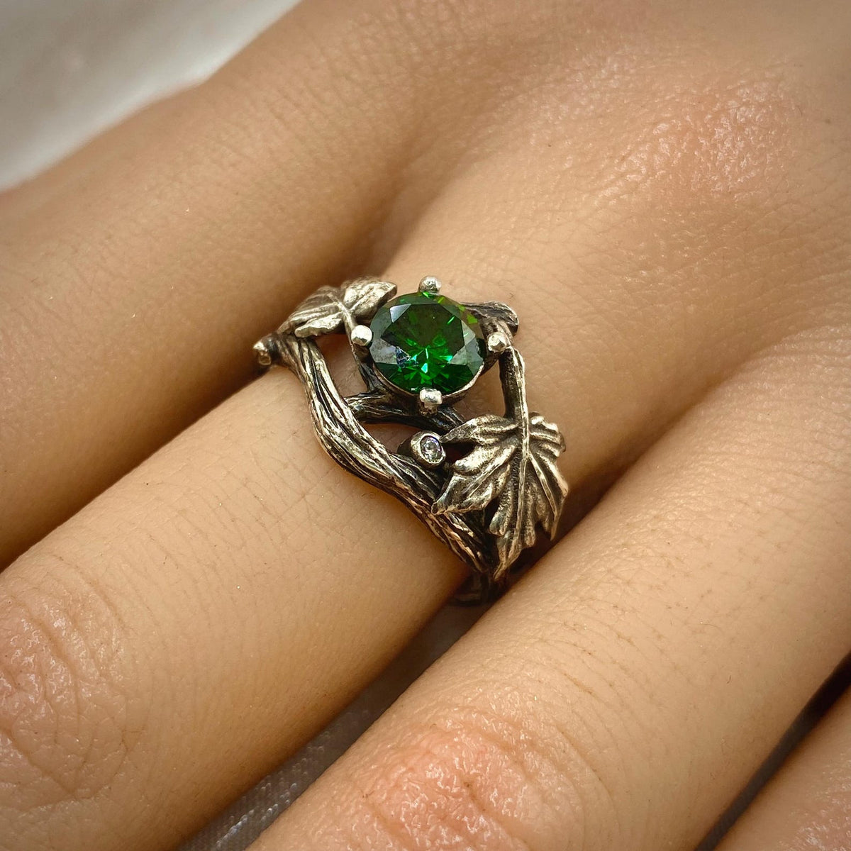 Emerald Sterling Silver Maple Leaf Ring